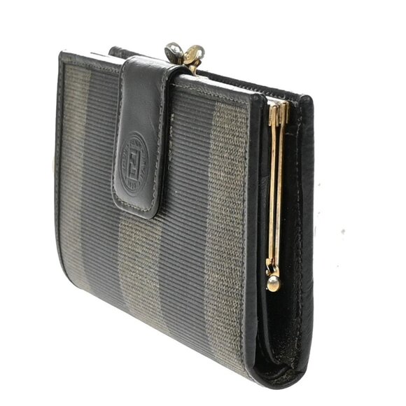 FENDI Logo Pequin Pattern Bifold Comapct Wallet PVC Leather Brown Italy - Picture 2 of 14